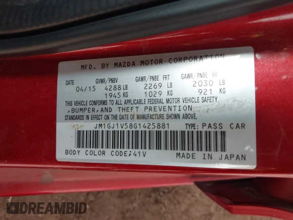 2016 Mazda Mazda6 i Touring with VIN JM1GJ1V58G1425881, listed as a IAAI auction lot 41786149 with 114,638 mi miles. Bid and sale history available at carsss.com. Image 9.