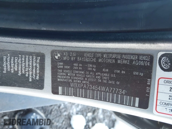 2004 BMW X3 2.5i with VIN WBXPA73454WA77734, listed as a IAAI auction lot 41550395 with 999,999 mi miles. Bid and sale history available at carsss.com. Image 10.
