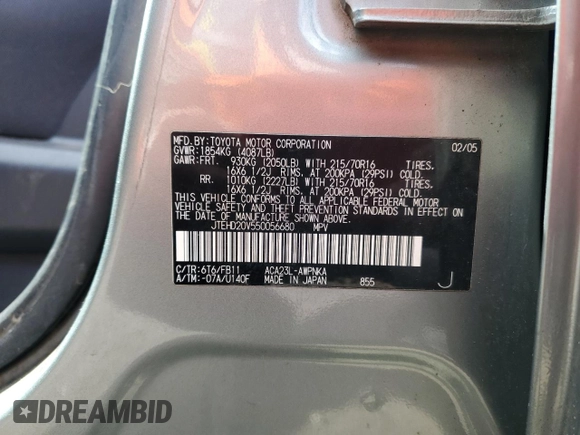 2005 Toyota RAV4 with VIN JTEHD20V550056680, listed as a Copart auction lot 50511515 with 86,711 mi miles and Clean Title. Bid and sale history available at carsss.com. Image 12.