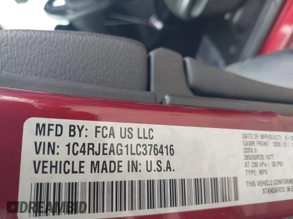 2020 Jeep Grand Cherokee Laredo E with VIN 1C4RJEAG1LC376416, listed as a IAAI auction lot 42368047 with 90,885 mi miles and . Bid and sale history available at DreamBid. Image 9.