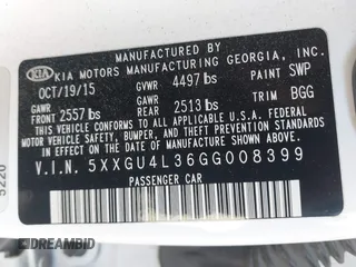 2016 Kia Optima EX with VIN 5XXGU4L36GG008399, listed as a IAAI auction lot 41239371 with 115,150 mi miles. Bid and sale history available at carsss.com. Image 9.