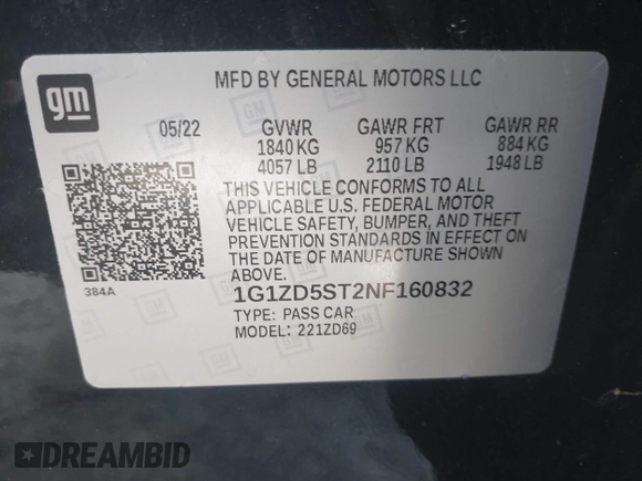 2022 Chevrolet Malibu LT with VIN 1G1ZD5ST2NF160832, listed as a IAAI auction lot 42170246 with 50,397 mi miles and . Bid and sale history available at DreamBid. Image 9.