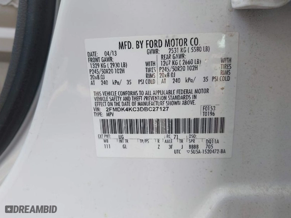 2013 Ford Edge Limited with VIN 2FMDK4KC3DBC27127, listed as a IAAI auction lot 41609986 with 219,816 mi miles. Bid and sale history available at carsss.com. Image 9.