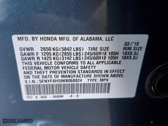 2019 Honda Pilot EX-L with VIN 5FNYF6H59KB068824, listed as a Copart auction lot 43918505 with 62,434 mi miles and Salvage Title. Bid and sale history available at carsss.com. Image 15.