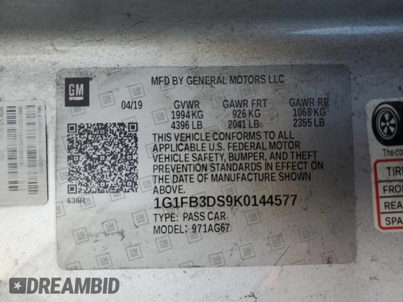 2019 Chevrolet Camaro 1LT with VIN 1G1FB3DS9K0144577, listed as a Copart auction lot 80770044 with Not provided miles and Clean title. Bid and sale history available at DreamBid. Image 12.