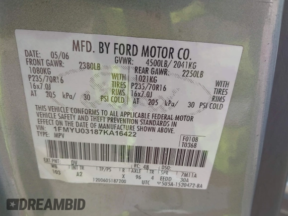 2007 Ford Escape XLT with VIN 1FMYU03187KA16422, listed as a IAAI auction lot 42168052 with 189,757 mi miles and . Bid and sale history available at DreamBid. Image 9.