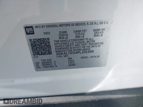 2023 GMC Terrain SLE with VIN 3GKALTEG4PL231505, listed as a IAAI auction lot 42229878 with 52,975 mi miles and . Bid and sale history available at DreamBid. Image 9.