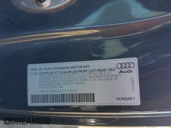 2003 Audi TT with VIN TRUSC28N431010692, listed as a Copart auction lot 50720185 with 190,909 mi miles and Salvage Title. Bid and sale history available at carsss.com. Image 12.