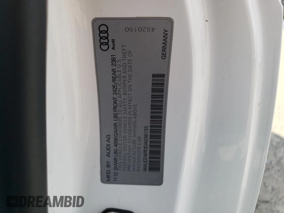 2013 Audi A5 Premium with VIN WAUCFAFR3DA038133, listed as a Copart auction lot 60104635 with 114,514 mi miles and Salvage title. Bid and sale history available at DreamBid. Image 12.
