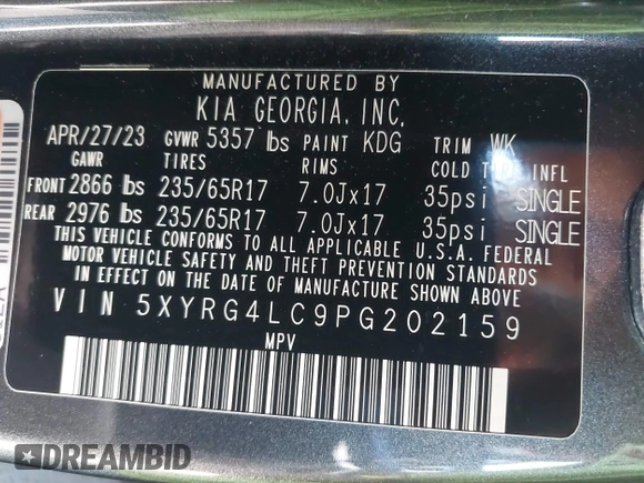 2023 Kia Sorento LX with VIN 5XYRG4LC9PG202159, listed as a IAAI auction lot 41757823 with 27,270 mi miles. Bid and sale history available at carsss.com. Image 9.