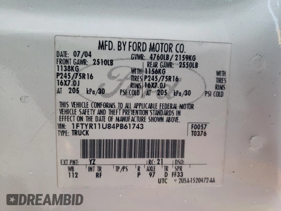 2004 Ford Ranger Edge Plus with VIN 1FTYR11U84PB61743, listed as a Copart auction lot 83383254 with 128,098 mi miles and Salvage Title. Bid and sale history available at DreamBid. Image 14.
