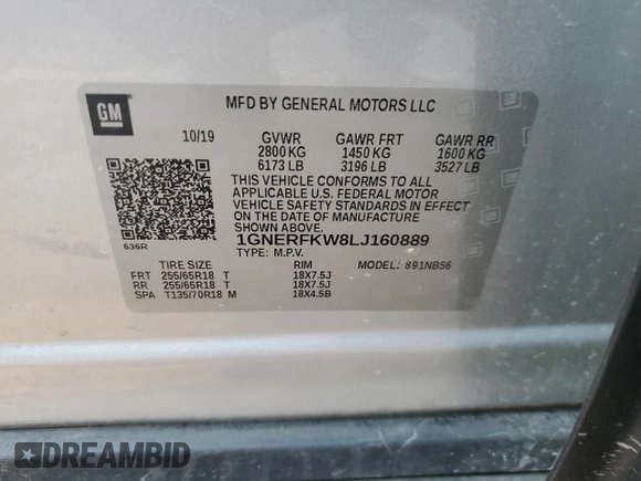 2020 Chevrolet Traverse LS z VIN 1GNERFKW8LJ160889, wystawiony jako Copart lot #59148015 z przebiegiem 107 696 mil mil oraz Szkoda całkowita • Salvage title. Historia ofert i sprzedaży dostępna na DreamBid. Obrazek 14.