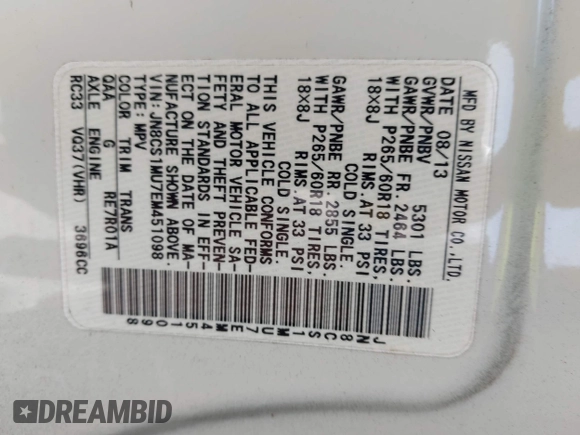 2014 Infiniti QX70 with VIN JN8CS1MU7EM451098, listed as a IAAI auction lot 42026803 with 126,605 mi miles and . Bid and sale history available at DreamBid. Image 9.