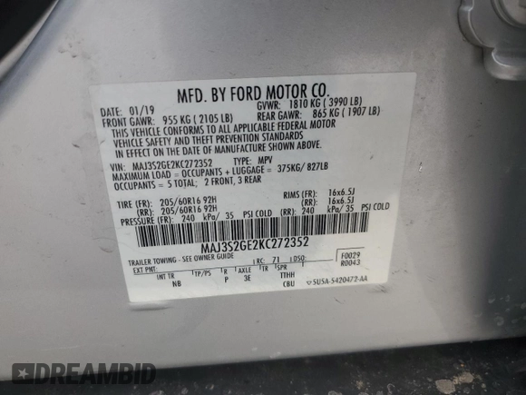2019 Ford EcoSport SE with VIN MAJ3S2GE2KC272352, listed as a Copart auction lot 46612035 with 83,318 mi miles and Salvage Title. Bid and sale history available at DreamBid. Image 13.
