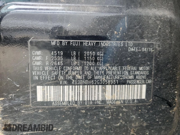 2016 Subaru Legacy with VIN 4S3BNBH62G3056951, listed as a Copart auction lot 87825595 with 146,186 mi miles and Salvage title. Bid and sale history available at DreamBid. Image 13.