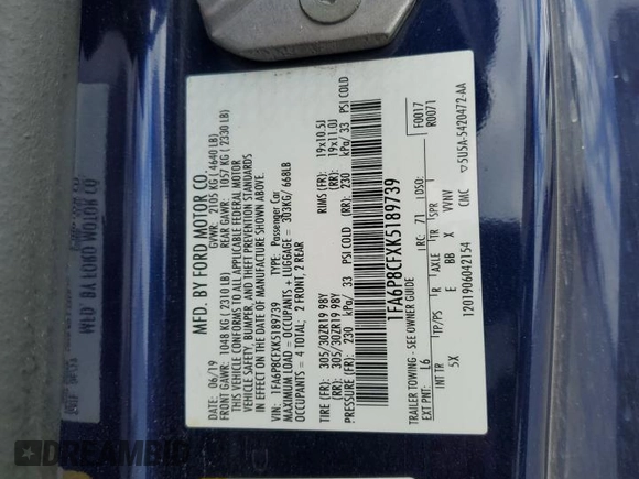 2019 Ford Mustang GT z VIN 1FA6P8CFXK5189739, wystawiony jako Copart lot #55948765 z przebiegiem 85 267 mil mil oraz Szkody całkowita. Historia ofert i sprzedaży dostępna na DreamBid. Obrazek 12.