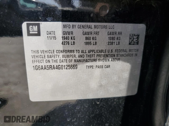 2016 Cadillac ATS Standard RWD with VIN 1G6AA5RA4G0125669, listed as a Copart auction lot 60302535 with 112,211 mi miles and Clean title. Bid and sale history available at DreamBid. Image 12.