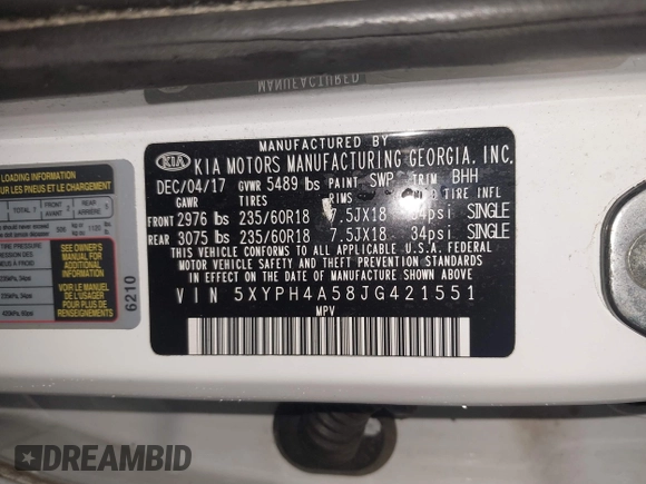 2018 Kia Sorento EX with VIN 5XYPH4A58JG421551, listed as a IAAI auction lot 41551231 with Not Provided miles and . Bid and sale history available at DreamBid. Image 9.