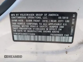 2013 Volkswagen Passat Wolfsburg Edition с VIN 1VWAP7A36DC113454, выставлен на аукционе IAAI как лот 39590527 с пробегом 142 120 миль миль и . История ставок и продаж доступна на DreamBid. Изображение 9.