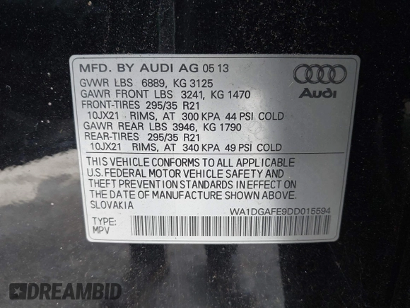 2013 Audi Q7 3.0T S line Prestige with VIN WA1DGAFE9DD015594, listed as a IAAI auction lot 41795868 with 123,525 mi miles. Bid and sale history available at carsss.com. Image 9.