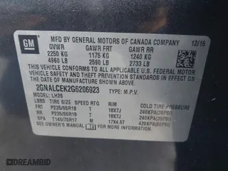 2016 Chevrolet Equinox LT with VIN 2GNALCEK2G6206923, listed as a IAAI auction lot 41843747 with 125,656 mi miles. Bid and sale history available at carsss.com. Image 9.