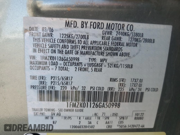 2006 Ford Freestyle SE z VIN 1FMZK01126GA50998, wystawiony jako Copart lot #58697065 z przebiegiem 203 698 mil mil oraz Czysty tytuł • Clean title. Historia ofert i sprzedaży dostępna na DreamBid. Obrazek 13.