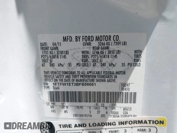 2011 Ford F-150 XLT with VIN 1FTFW1ET3BFB56681, listed as a IAAI auction lot 42576366 with 96,938 mi miles and . Bid and sale history available at DreamBid. Image 9.