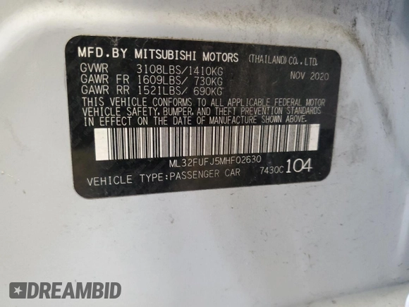2021 Mitsubishi Mirage ES with VIN ML32FUFJ5MHF02630, listed as a Copart auction lot 60232945 with 87,709 mi miles and Salvage title. Bid and sale history available at DreamBid. Image 12.