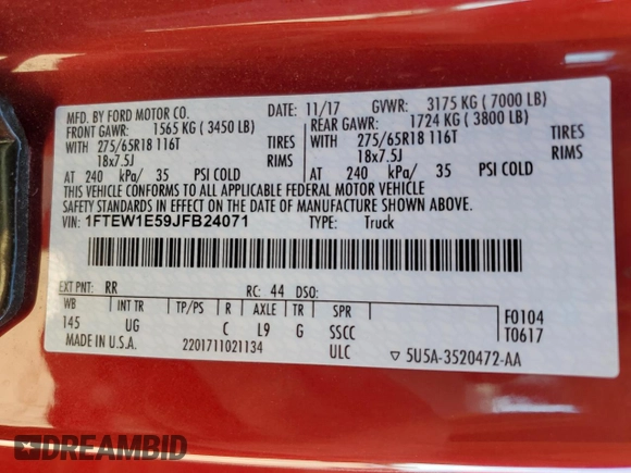 2018 Ford F-150 XL with VIN 1FTEW1E59JFB24071, listed as a Copart auction lot 57824085 with 102,291 mi miles and Salvage title. Bid and sale history available at DreamBid. Image 13.