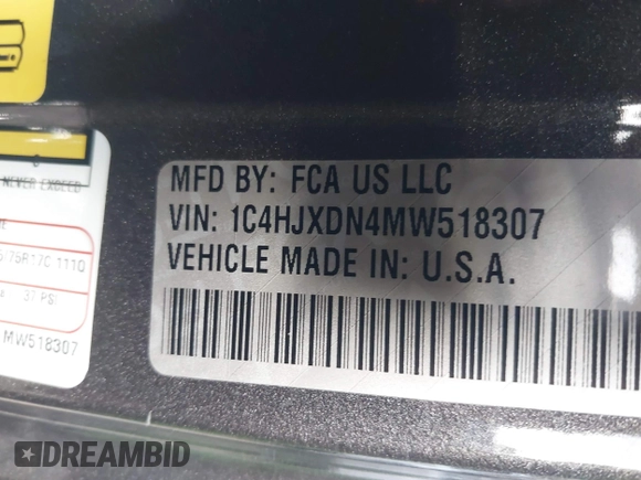 2021 Jeep Wrangler Unlimited Sport S with VIN 1C4HJXDN4MW518307, listed as a IAAI auction lot 41222996 with 39,499 mi miles and . Bid and sale history available at DreamBid. Image 9.