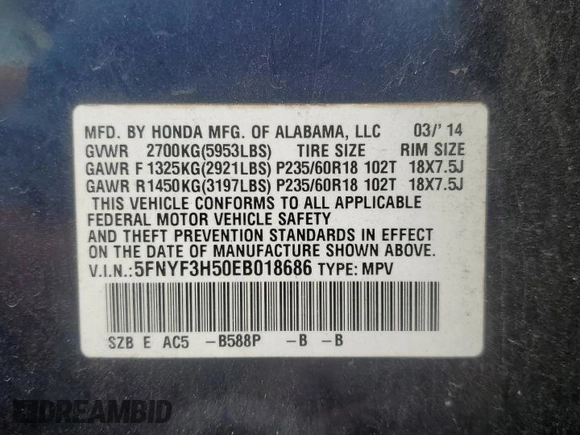 2014 Honda Pilot EX-L with VIN 5FNYF3H50EB018686, listed as a Copart auction lot 51441595 with 84,282 mi miles and Salvage Title. Bid and sale history available at DreamBid. Image 13.