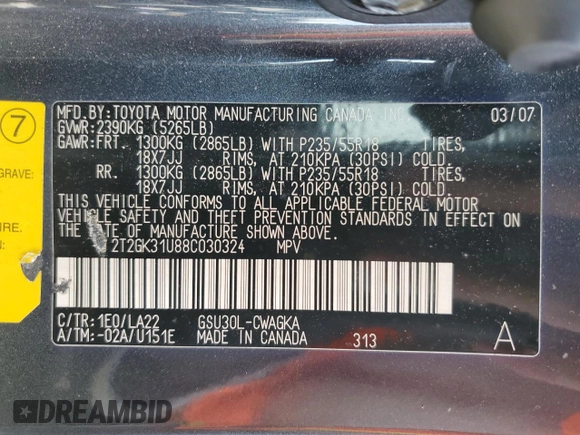 2008 Lexus RX 350 with VIN 2T2GK31U88C030324, listed as a Copart auction lot 54079525 with 200,353 mi miles and Clean Title. Bid and sale history available at DreamBid. Image 13.