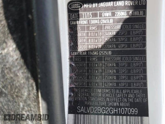 2016 Land Rover Range Rover Evoque HSE Dynamic with VIN SALVD2BG2GH107099, listed as a Copart auction lot 61785805 with 87,133 mi miles and Salvage title. Bid and sale history available at DreamBid. Image 14.