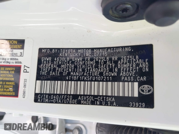 2015 Toyota Camry XLE with VIN 4T1BF1FK5FU107211, listed as a IAAI auction lot 42000437 with 78,158 mi miles and . Bid and sale history available at DreamBid. Image 9.