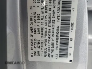 2011 Honda Accord EX-L with VIN 1HGCP3F89BA000682, listed as a Copart auction lot 61392095 with 191,690 mi miles and Clean title. Bid and sale history available at DreamBid. Image 12.