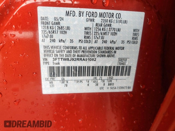 2024 Ford Maverick XLT z VIN 3FTTW8J92RRA91082, wystawiony jako Copart lot #55981115 z przebiegiem 3 702 mil mil oraz Szkoda całkowita • Salvage title. Historia ofert i sprzedaży dostępna na DreamBid. Obrazek 13.