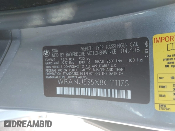 2008 BMW 5 Series 528i with VIN WBANU535X8C111175, listed as a IAAI auction lot 41644324 with 243,578 mi miles and . Bid and sale history available at DreamBid. Image 9.