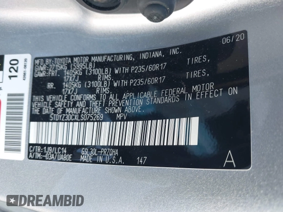 2020 Toyota Sienna XLE Auto Access Seat with VIN 5TDYZ3DCXLS075269, listed as a IAAI auction lot 40797351 with 49,562 mi miles and . Bid and sale history available at DreamBid. Image 9.