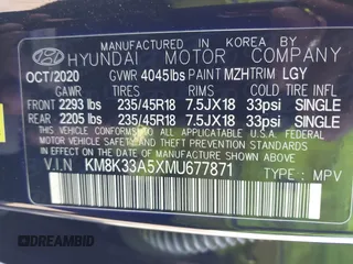2021 Hyundai Kona Limited with VIN KM8K33A5XMU677871, listed as a IAAI auction lot 41593228 with 28,197 mi miles. Bid and sale history available at carsss.com. Image 9.