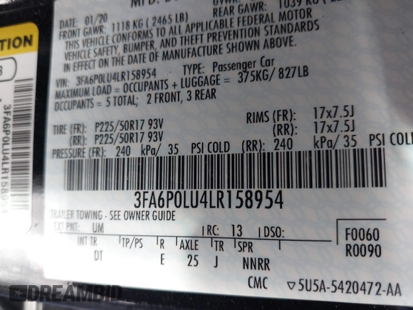 2020 Ford Fusion SE z VIN 3FA6P0LU4LR158954, wystawiony jako IAAI lot #41474425 z przebiegiem 76 966 mil mil oraz . Historia ofert i sprzedaży dostępna na DreamBid. Obrazek 9.