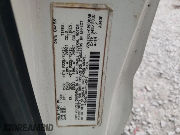 1998 Toyota Tacoma with VIN 4TAWN72NXWZ124547, listed as a Copart auction lot 44794815 with 242,757 mi miles and Salvage Title. Bid and sale history available at DreamBid. Image 12.