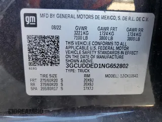 2022 Chevrolet Silverado 1500 LT with VIN 3GCUDDED1NG652802, listed as a Copart auction lot 87692655 with Not Provided miles and Salvage Title. Bid and sale history available at DreamBid. Image 12.