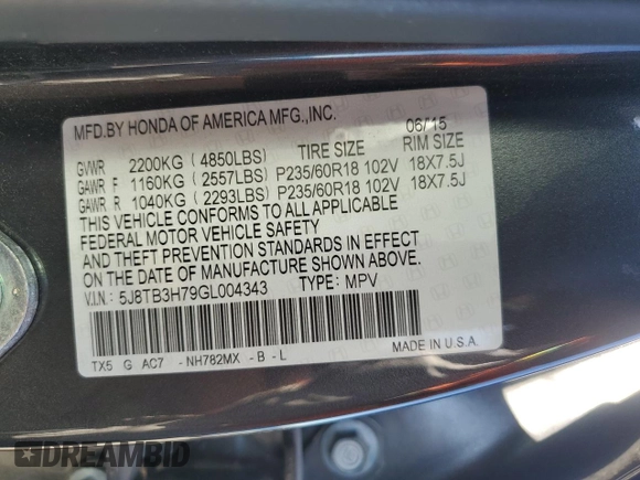 2016 Acura RDX Advance Pkg with VIN 5J8TB3H79GL004343, listed as a Copart auction lot 78424934 with 67,397 mi miles and Salvage Title. Bid and sale history available at carsss.com. Image 13.