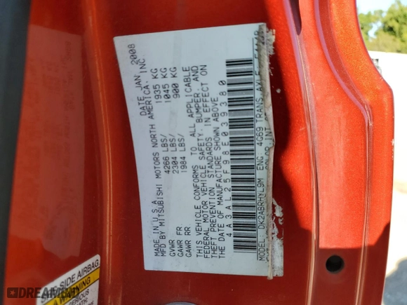 2008 Mitsubishi Eclipse GS with VIN 4A3AL25F98E039380, listed as a Copart auction lot 70479844 with 140,317 mi miles and Salvage Title. Bid and sale history available at carsss.com. Image 12.