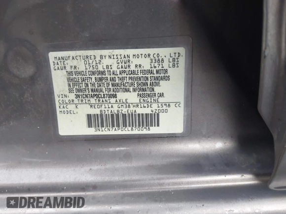 2012 Nissan Versa SV с VIN 3N1CN7AP0CL870098, выставлен на аукционе IAAI как лот 42484119 с пробегом 103 670 миль миль и . История ставок и продаж доступна на DreamBid. Изображение 9.