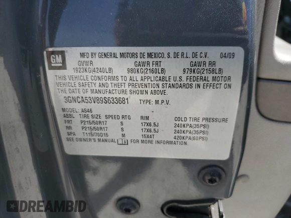 2009 Chevrolet HHR 2LT with VIN 3GNCA53V89S633681, listed as a Copart auction lot 53168235 with 220,637 mi miles and Salvage Title. Bid and sale history available at DreamBid. Image 15.