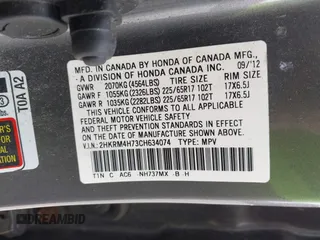 2012 Honda CR-V EX-L with VIN 2HKRM4H73CH634074, listed as a IAAI auction lot 42611285 with 299,348 mi miles and . Bid and sale history available at DreamBid. Image 9.