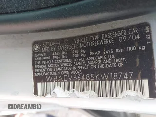 2005 BMW 3 Series 325i with VIN WBAEV33485KW18747, listed as a IAAI auction lot 42145384 with 147,120 mi miles and . Bid and sale history available at carsss.com. Image 9.