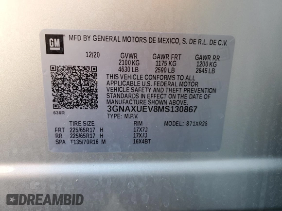 2021 Chevrolet Equinox LT z VIN 3GNAXUEV8MS130867, wystawiony jako Copart lot #56653705 z przebiegiem 42 510 mil mil oraz Szkoda całkowita • Salvage title. Historia ofert i sprzedaży dostępna na DreamBid. Obrazek 13.