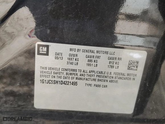 2013 Chevrolet Sonic LT with VIN 1G1JC5SH1D4221495, listed as a Copart auction lot 48190305 with 129,437 mi miles and Salvage Title. Bid and sale history available at carsss.com. Image 12.
